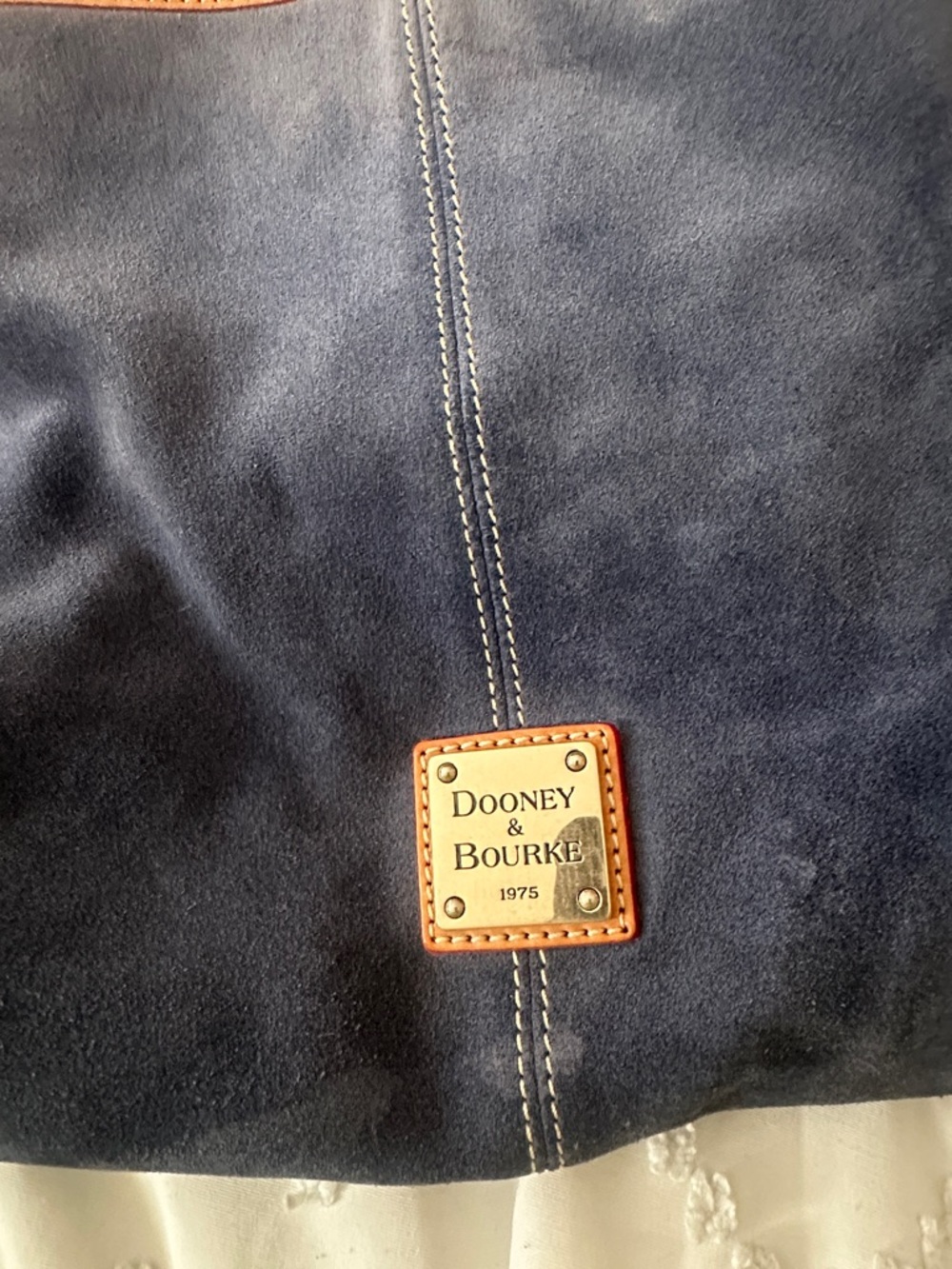 Dooney & Bourke Navy Suede Shoulder Tote with Tan Trim and Red Braided Handles - Picture 2 of 3
